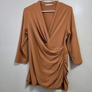PERUVIAN CONNECTION Cyprus Faux Wrap Top Womens L Burnt Orange Rust‎ Rouched
